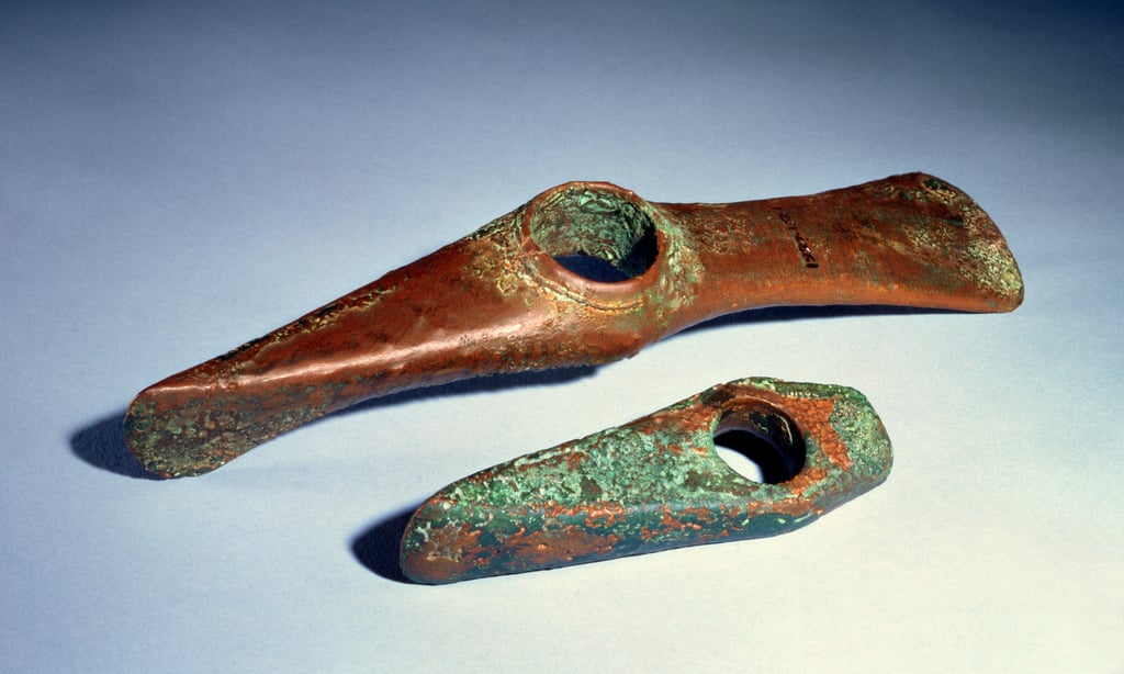 Axe adze from Belgrade; axe hammer from Czechoslovakia, Copper Age (copper)